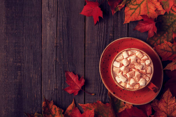 istock Autumn background with hot chocolate, knitted scarf, multi-colored leaves. 863441436