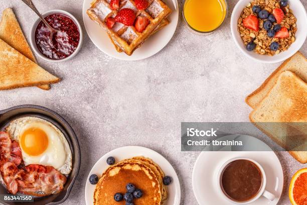 Delicious Breakfast On A Light Table Stock Photo - Download Image Now - Breakfast, Brunch, Backgrounds