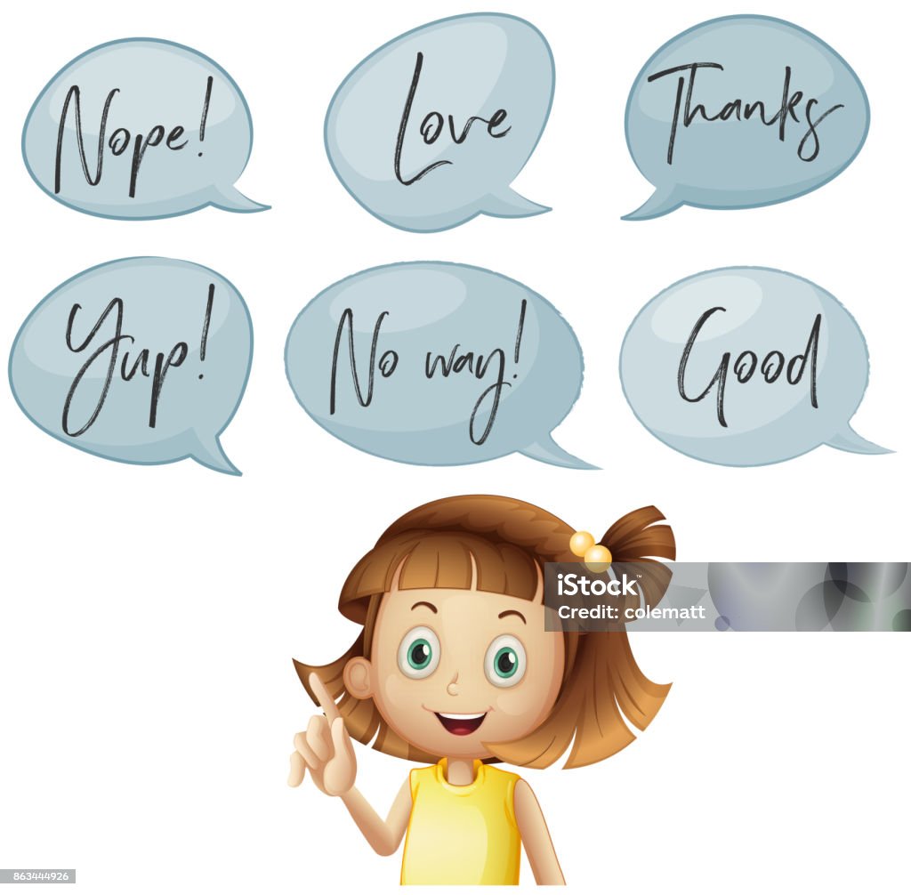 Girl and different speech bubbles with words Girl and different speech bubbles with words illustration Art stock vector