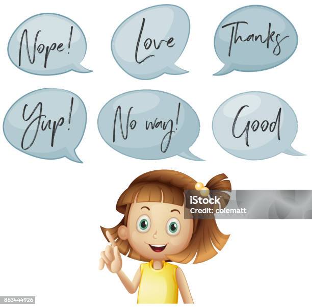 Girl And Different Speech Bubbles With Words Stock Illustration - Download Image Now - Art, Australia, Child
