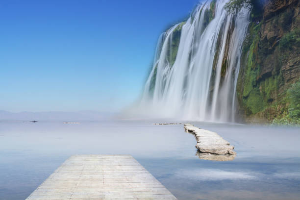 Wooden deck towards surreal landscape