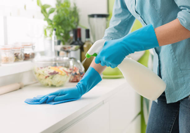 Woman cleaning with a spray detergent Woman cleaning and polishing the kitchen worktop with a spray detergent, housekeeping and hygiene concept housekeeping staff photos stock pictures, royalty-free photos & images