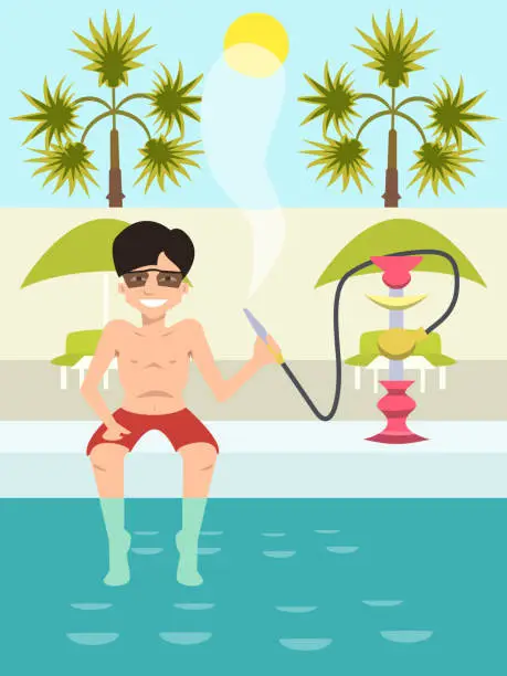 Vector illustration of guy sitting by the pool with nargile cartoon