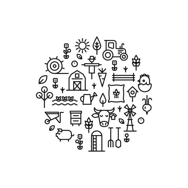 Farming and agriculture thin line concept. Harvester, tractor, farm buildings, farming equipment animals and plants silo bag stock illustrations