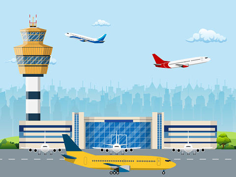Modern building of airport terminal with control tower. Runway with planes. Vector illustration in flat style