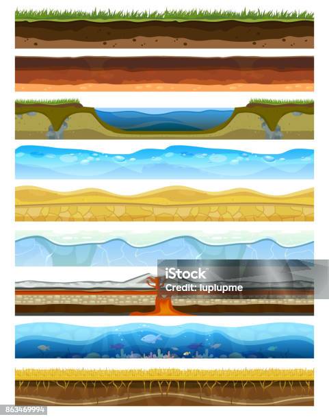 Ilustración de Paisaje Rebanada Terroso Suelo Sección Montañas Con La Naturaleza Subterránea De Agua Tierra Geológico Cruz Tierra Tierra Vector Ilustración y más Vectores Libres de Derechos de Tierra