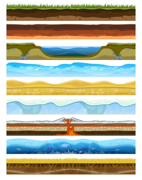 ilustrações de stock, clip art, desenhos animados e ícones de landscape earthy slice soil section mountains with water geological land underground nature cross land ground vector illustration - cross section illustrations