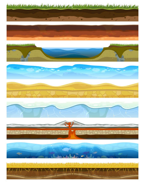 Landscape earthy slice soil section mountains with water geological land underground nature cross land ground vector illustration Landscape earthy slice soil section mountains with water geological land underground field nature cross land ground vector illustration. Ecology agriculture layer square piece cross section. west china stock illustrations