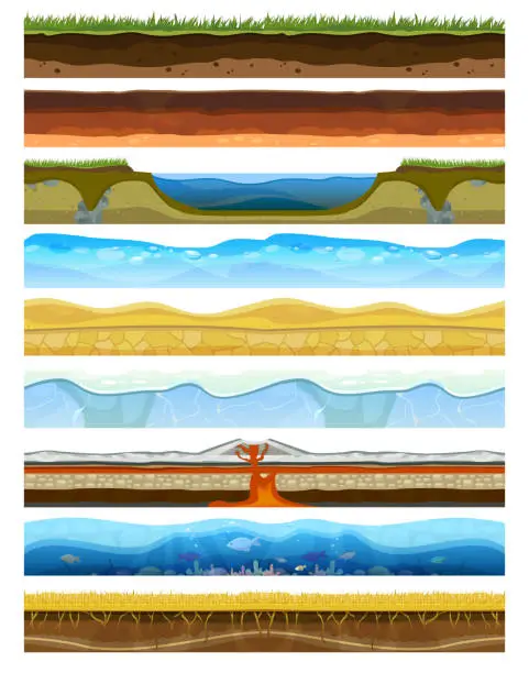 Vector illustration of Landscape earthy slice soil section mountains with water geological land underground nature cross land ground vector illustration