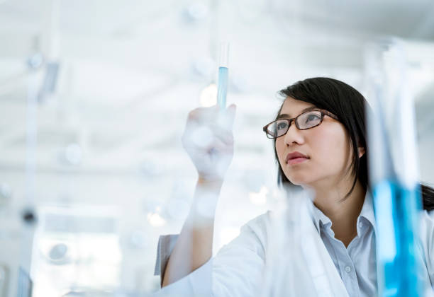 ученый врач смотрит на образец в пробирке - women scientist indoors science стоковые фото и изображения