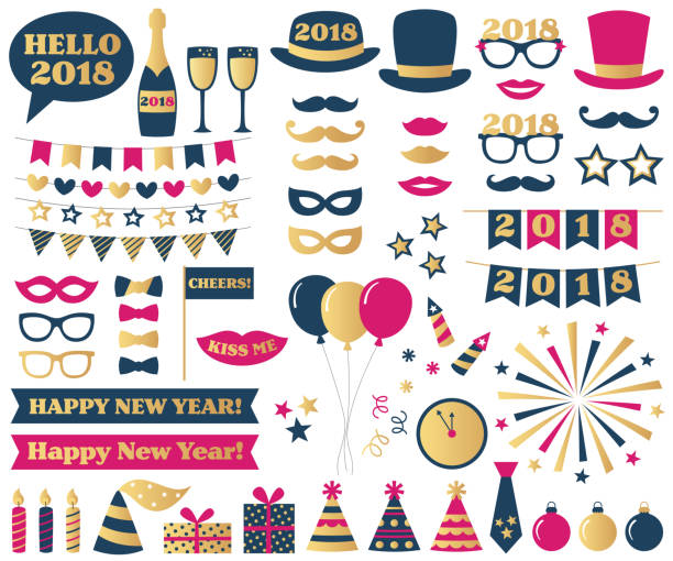 illustrazioni stock, clip art, cartoni animati e icone di tendenza di oggetti di scena per stand fotografici per feste di capodanno - party hat party hat retro revival