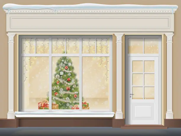 Vector illustration of Storefront with  showcase decorated for Christmas