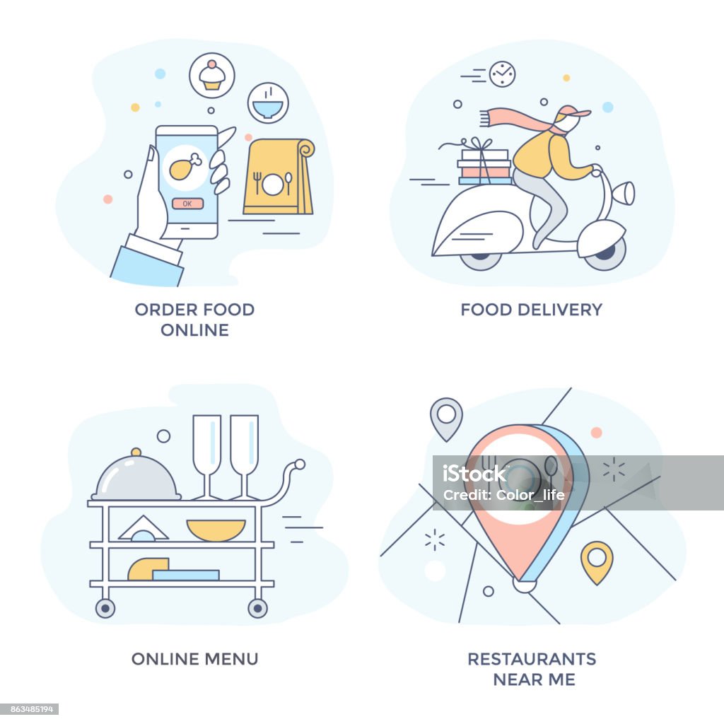 Order food online icons. Order food online icons, perfect for mobile application,   line flat design Food stock vector