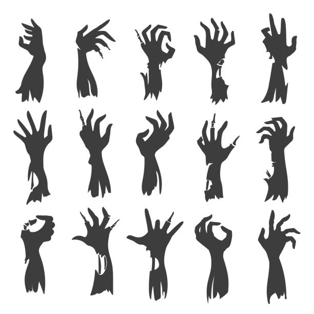 Undead zombie hand silhouettes Undead zombie hand silhouettes isolated on white background. Dead hands fear scary halloween black creepy vector silhouette set monster back lit halloween cemetery stock illustrations