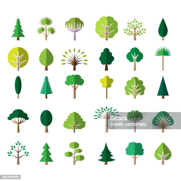 Flat Green Tree Icons Stock Illustration - Download Image Now - Tree, Icon Symbol, Pine Tree