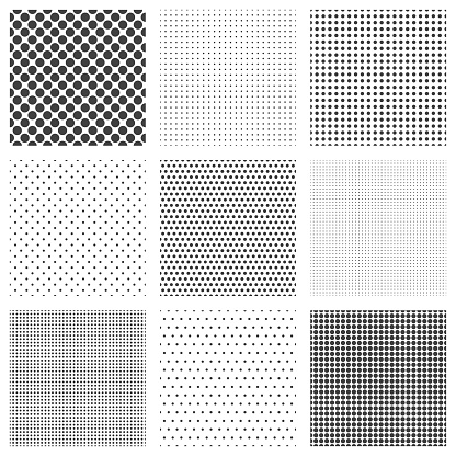 Halftone dots seamless pattern set. Polka dot net textures or dots grid wallpapers, vector illustration