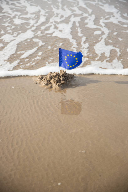 istock EEC Flag flying on a beautiful beach engulfed by waves 863498626