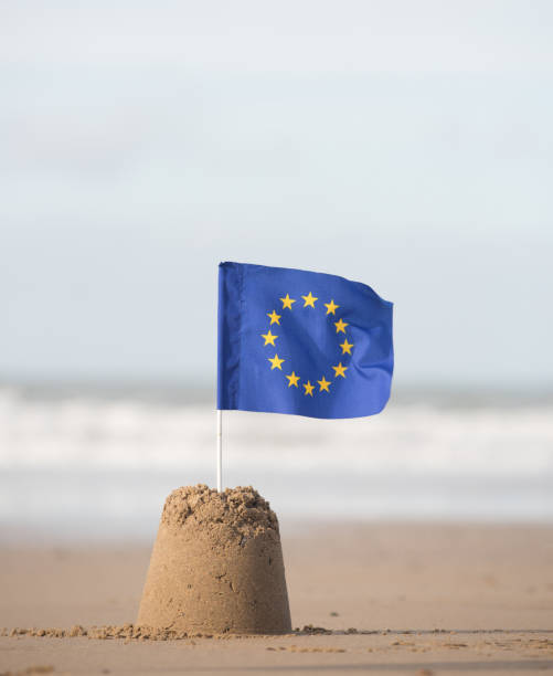istock EEC Flag flying on a beautiful beach waves in background 863498854