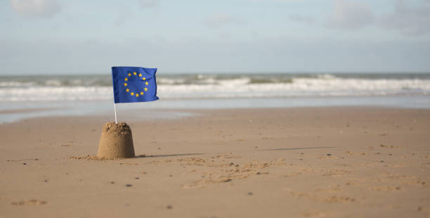 istock EEC Flag flying on a beautiful beach waves in background 863498912
