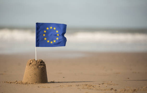 istock EEC Flag flying on a beautiful beach waves in background 863501334