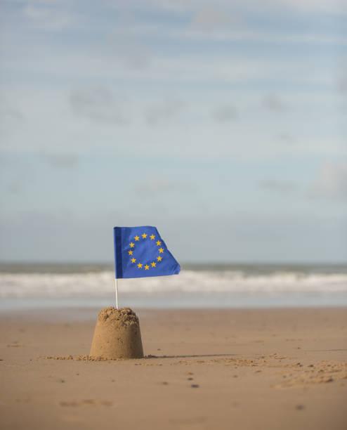 istock EEC Flag flying on a beautiful beach waves in background 863501542