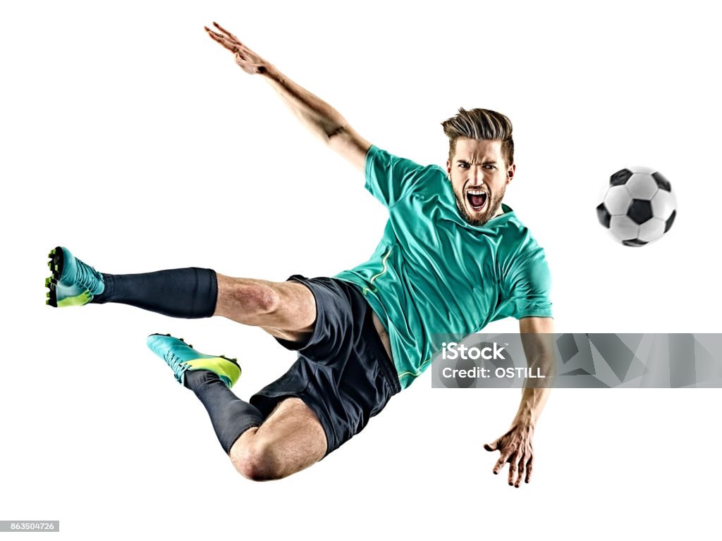 soccer player man isolated one caucasian soccer player man isolated on white background Soccer Stock Photo