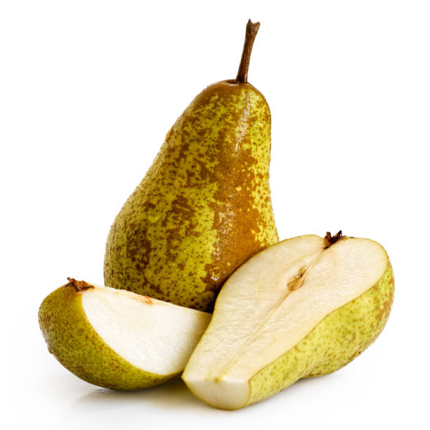 istock Single abate fetel pear next to a half and a slice of pear isolated on white. 863517306