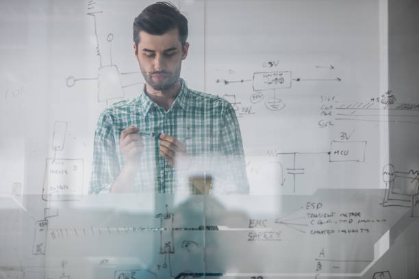 istock Male engineer working on business chart on a glass in the office. 863517634