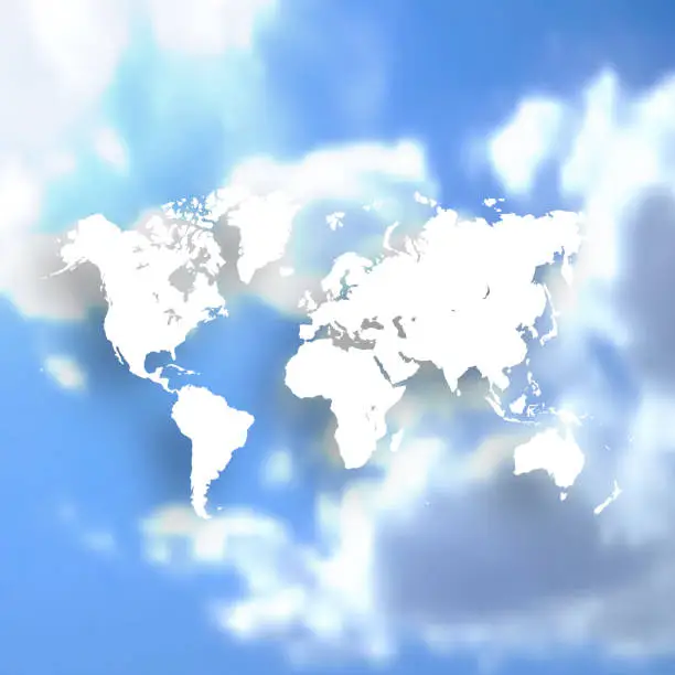 Vector illustration of World Map isolated on blue sky and clouds