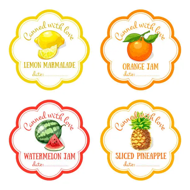 Vector illustration of Labels with hand drawn fruits set of vector. Lemon, orange, watermelon, pineapple.