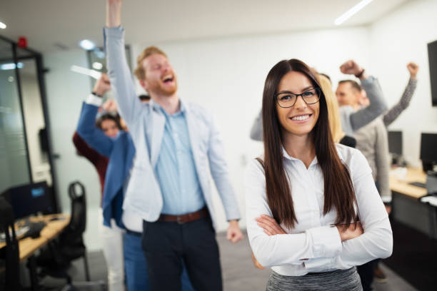 istock Business lady with positive look and cheerful smile posing for camera 863520212