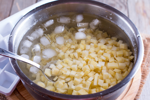 Blanched vegetables in ice water