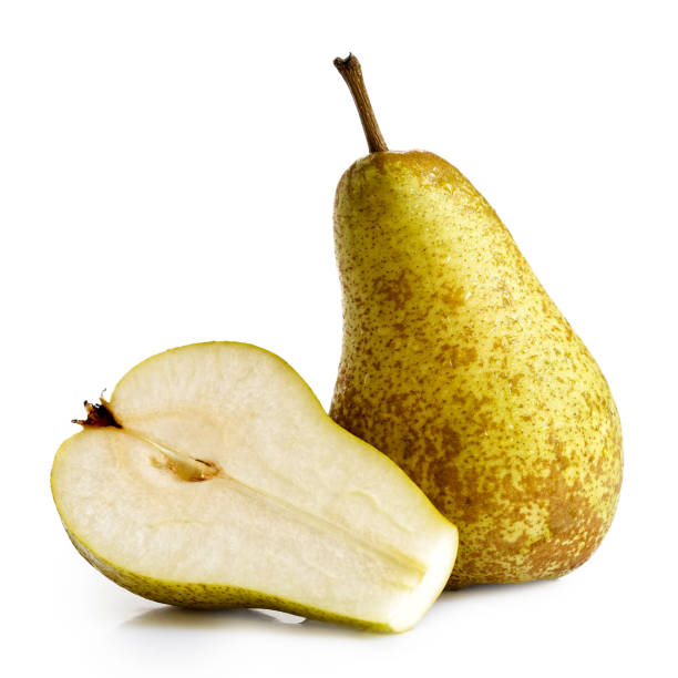 istock Single abate fetel pear next to a half of pear isolated on white. 863523872