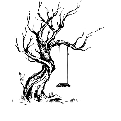 Handsketched illustration of old crooked tree with swing. Dry wood, tinder. Ink sketch of deciduous oaktree with hollow seesaw. Freehand linear hand drawn picture retro doodle graphic style. Vintage vector tree. Allegory of loneliness