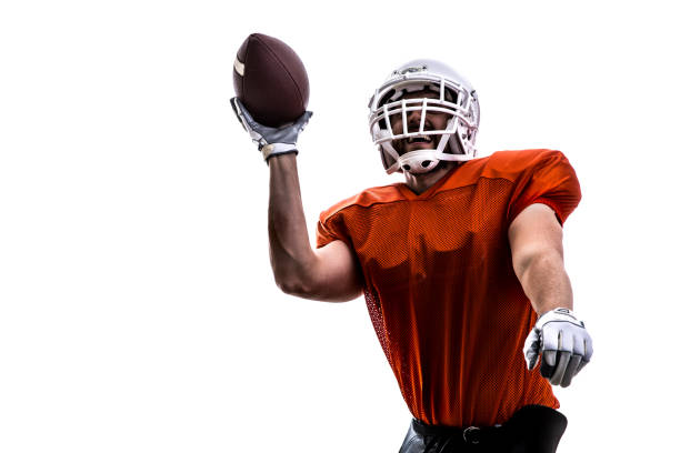 istock Football player on red uniform isolated on white background 863542324