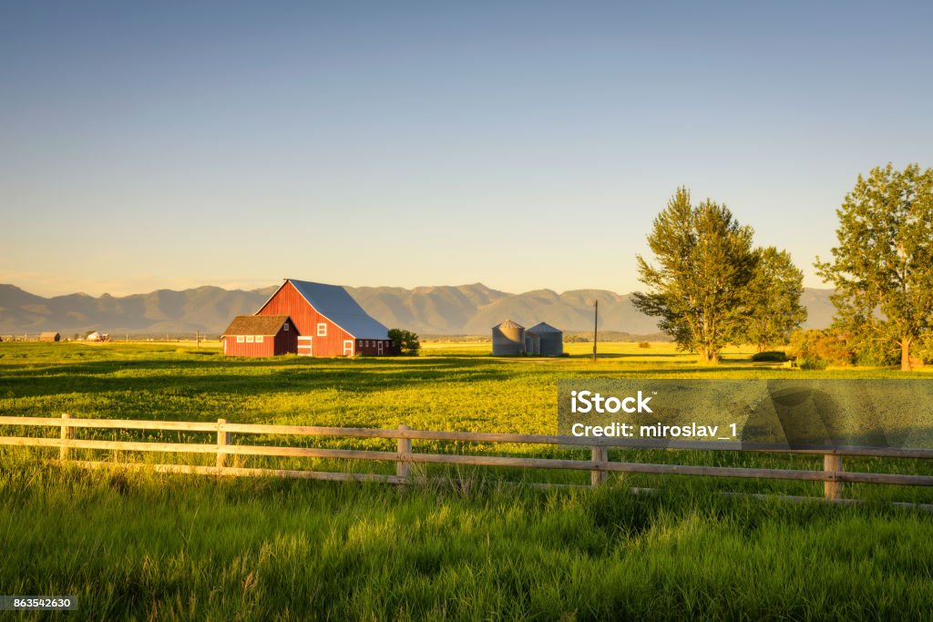 Summer sunset with a red barn in rural Montana and Rocky Mountains Summer sunset with a red barn and silos in rural Montana with Rocky Mountains in the background. Farm Stock Photo