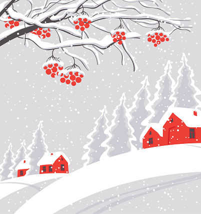 Vector white winter landscape with branches and bunches of rowan tree, with village and red houses on the snowing hill