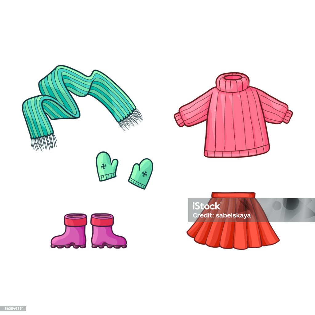Sweater Skirt Mittens Scarf And Rubber Boots Stock Illustration - Download  Image Now - Child, Pink Color, Sweater - iStock