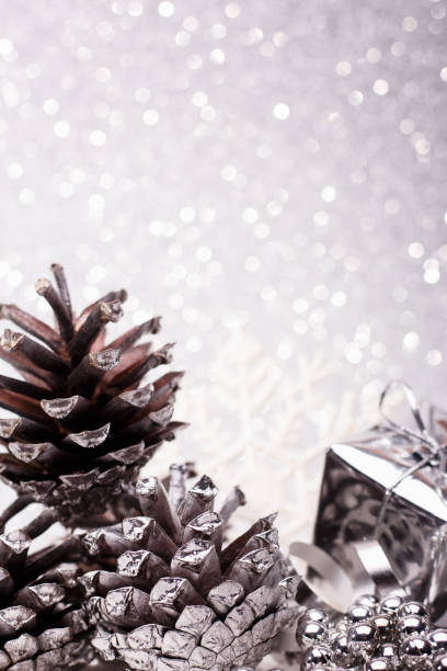 istock Christmas composition of Christmas tree toys on a silver background 863549614