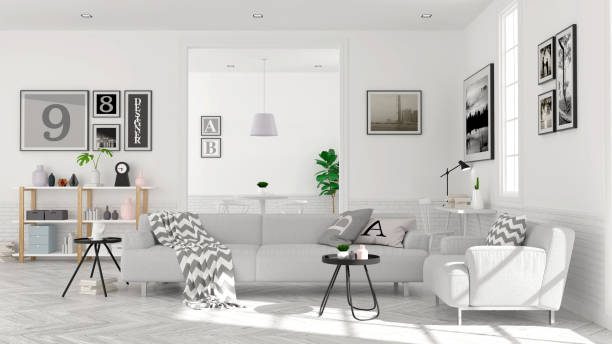 istock Modern scandinavian  style , living room  interior  concept,  gray sofa on wood floor with white wall,3D render 863552996