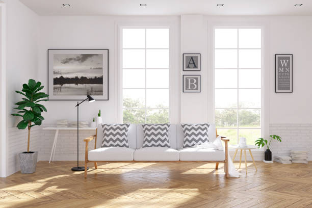 istock Scandinavian living room  interior design, white sofa on wood floor ,white room,3Drender 863556238