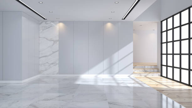 istock Modern and minimalist  interior, marble flooring and blue wall ,empty room ,3d rendering 863556354