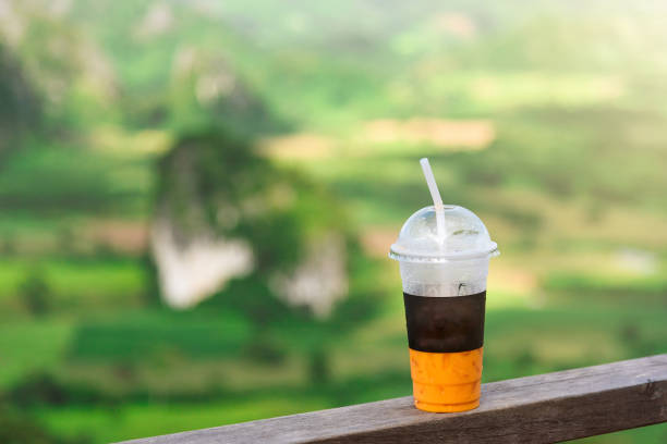 The sweet cooled thai tea drink with ice on Natural background
