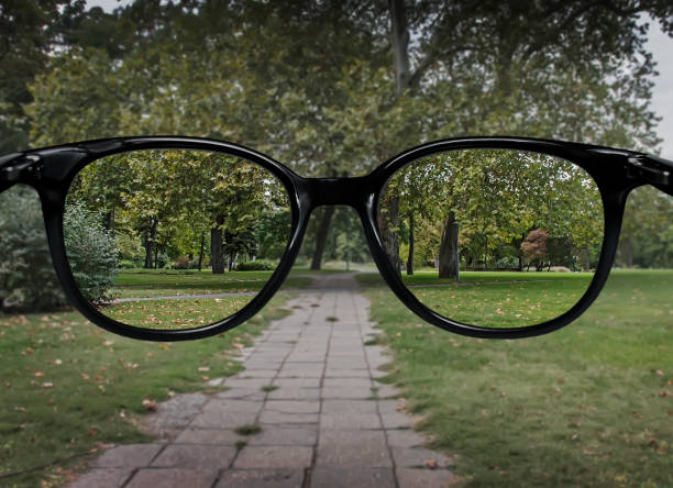 istock Clear vision through glasses on green park background 863568048