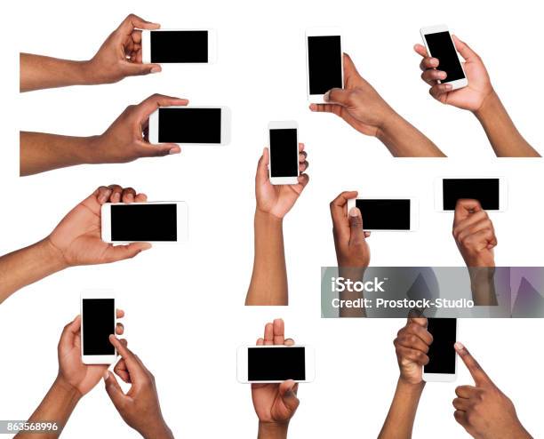 Male Hands Pointing Holding Mobile Phone Stock Photo - Download Image Now - Human Hand, Hand, Telephone