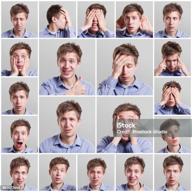 Set Of Young Mans Portraits With Different Emotions Stock Photo - Download Image Now