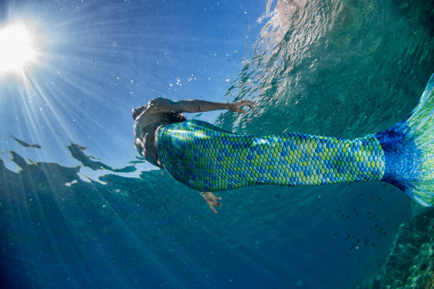 istock Mermaid swimming underwater in the deep blue sea 863578720