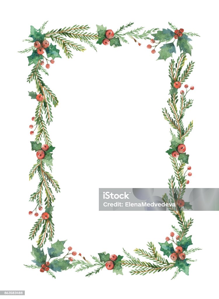 Watercolor vector Christmas frame with fir branches and place for text. Watercolor vector Christmas frame with fir branches and place for text. Illustration for greeting cards and invitations isolated on white background. Border - Frame stock vector