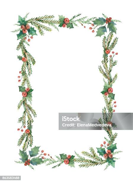 Watercolor Vector Christmas Frame With Fir Branches And Place For Text Stock Illustration - Download Image Now