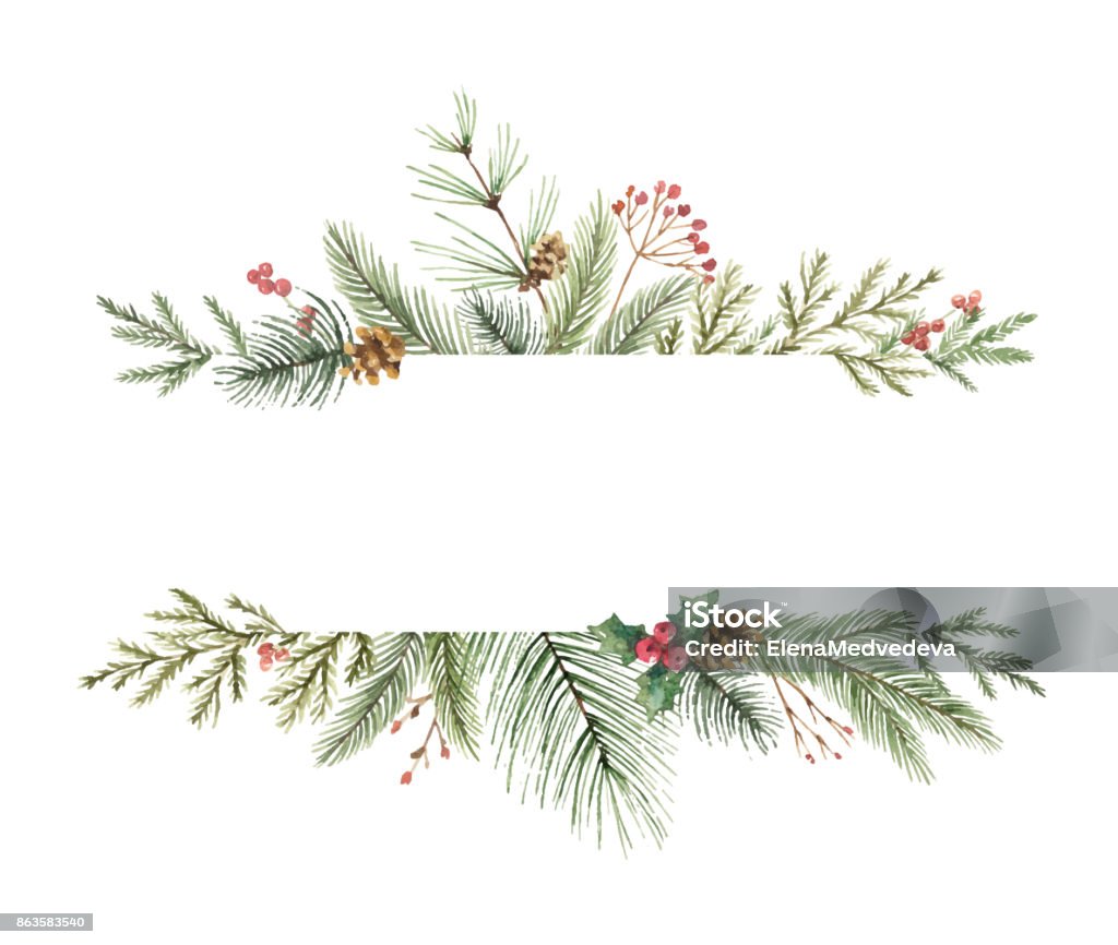 Watercolor vector Christmas banner with fir branches and place for text. Watercolor vector Christmas banner with fir branches and place for text. Illustration for greeting cards and invitations isolated on white background. Christmas stock vector